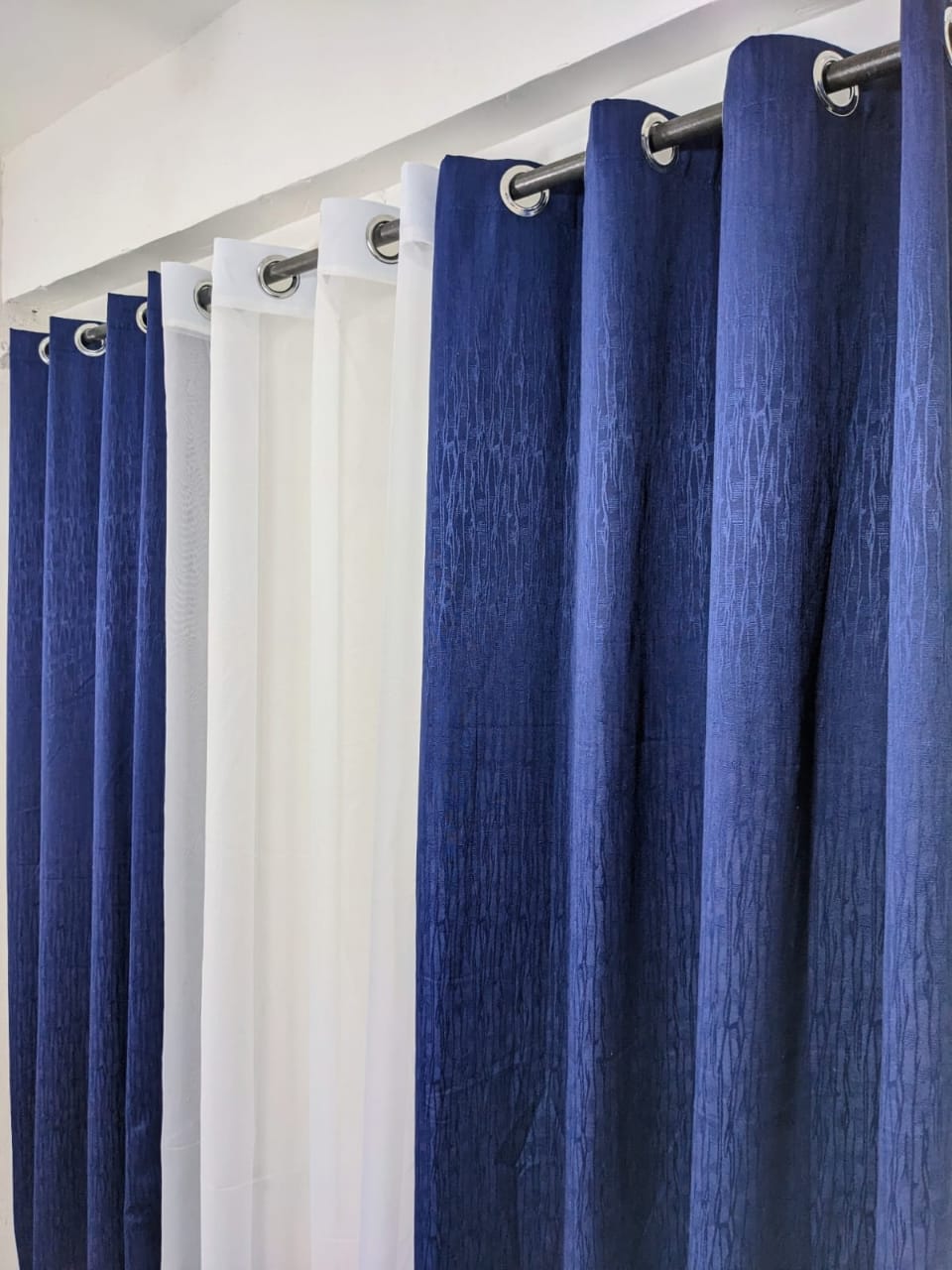 Organza + Plain Curtain Combo (Set of 3) - Blue & White Color